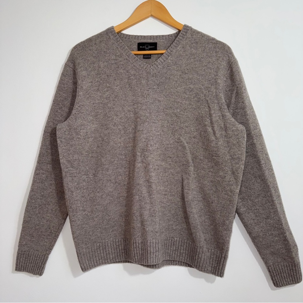 Black Brown 1826 Lambswool V Neck Sweater Men XL Soft Gray Classic Knit